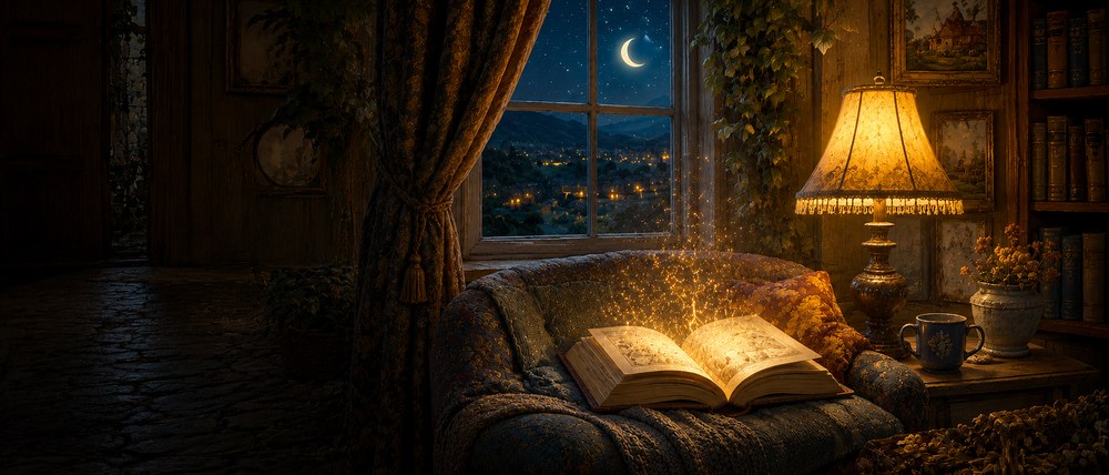Painterly cozy reading nook with an open glowing book at night