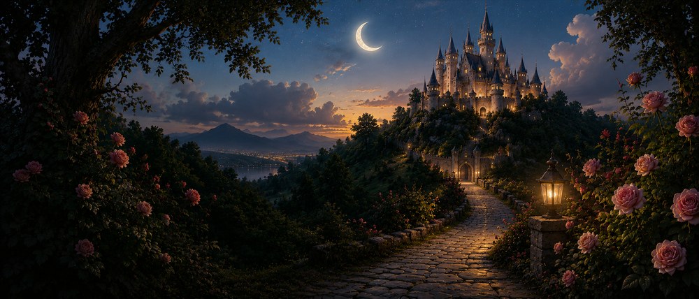 Painterly fairy-tale castle on a hill under a crescent moon