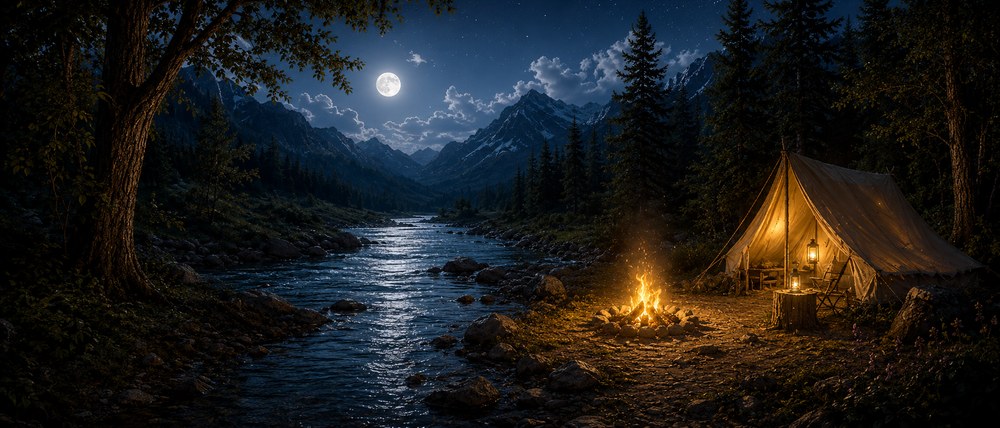 Painterly moonlit mountain campsite by a river